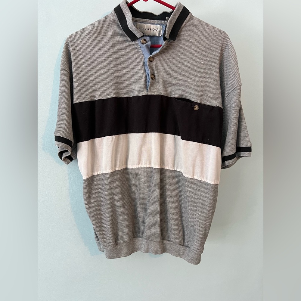 Hukapoo Men's Gray and Black Striped golf polo